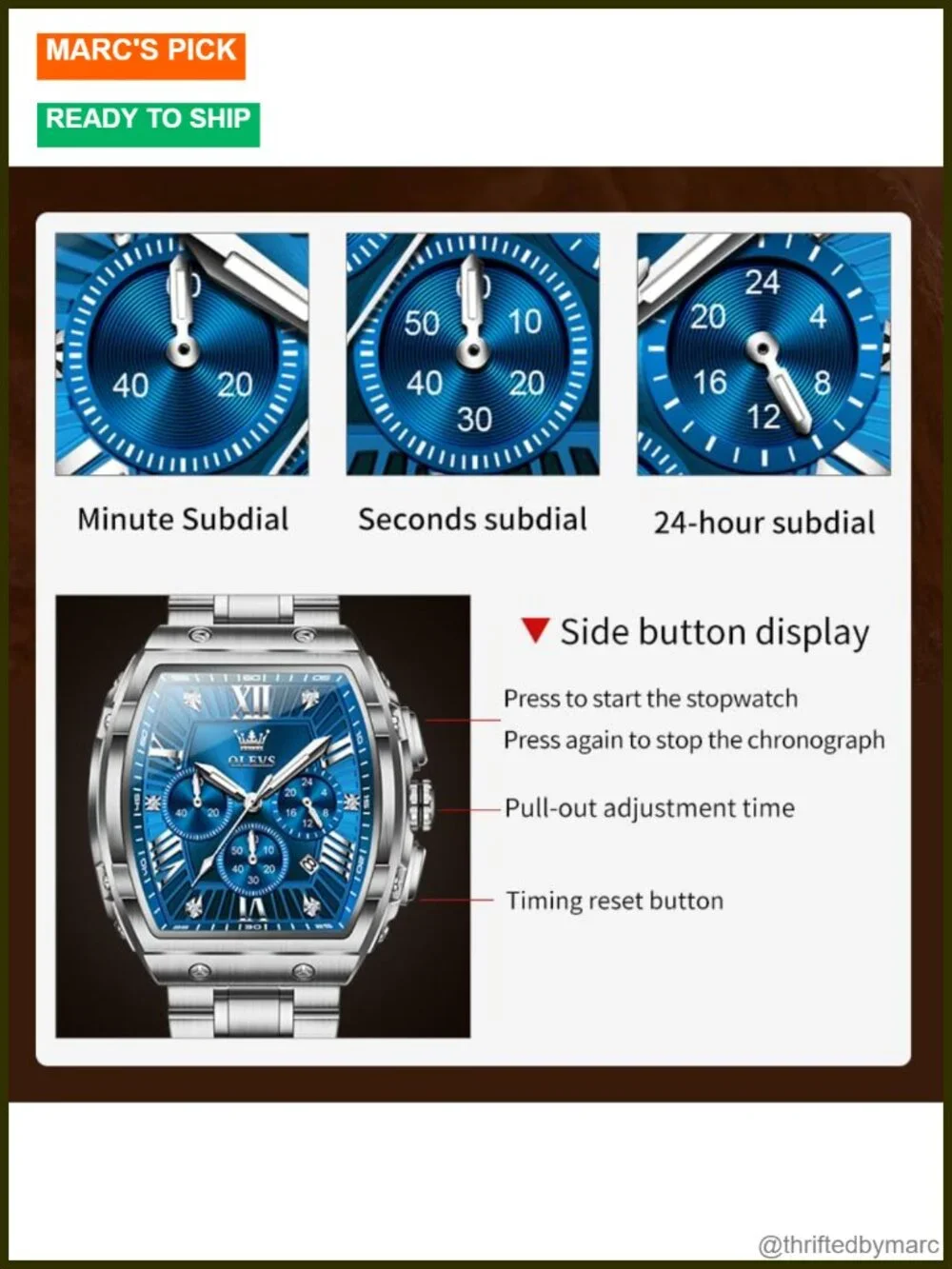 Analog Quartz Chronograph Square Dress Watch Stainless Steel or Leather Band